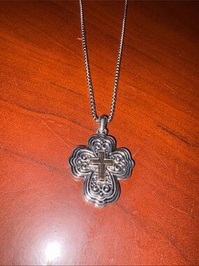 Fashion Jewelry Silver-Tone Cross Pendant Necklace with Gold Accent